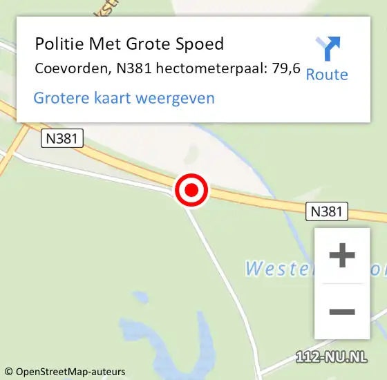 Locatie op kaart van de 112 melding: Politie Met Grote Spoed Naar Coevorden, N381 hectometerpaal: 79,6 op 25 februari 2024 08:12