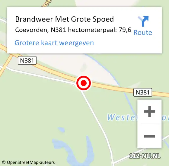 Locatie op kaart van de 112 melding: Brandweer Met Grote Spoed Naar Coevorden, N381 hectometerpaal: 79,6 op 25 februari 2024 08:12