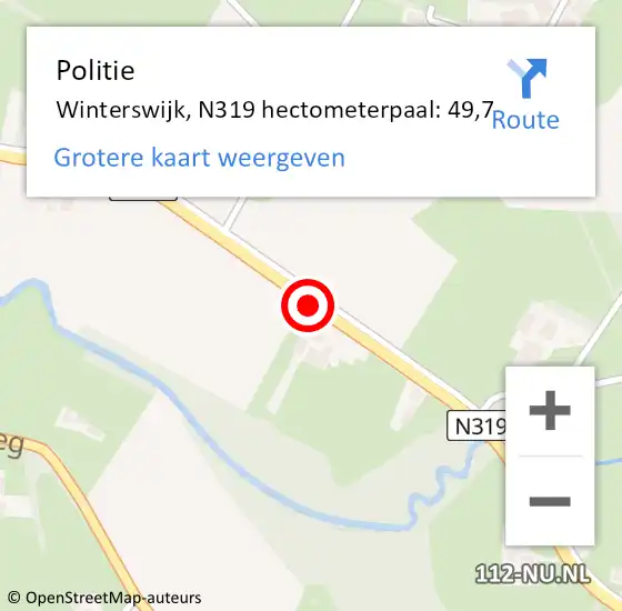 Locatie op kaart van de 112 melding: Politie Winterswijk, N319 hectometerpaal: 49,7 op 25 februari 2024 09:28