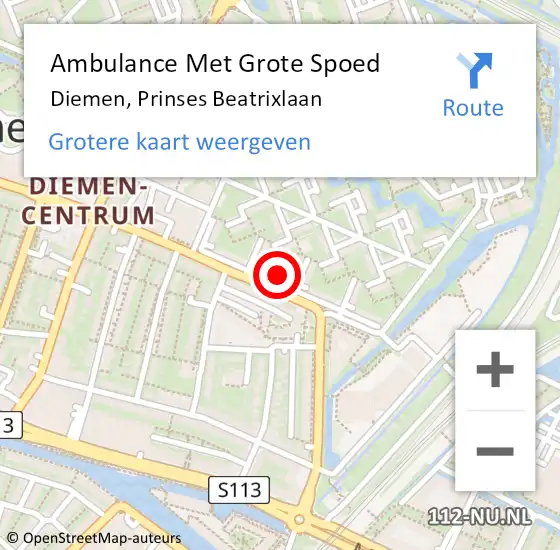 Locatie op kaart van de 112 melding: Ambulance Met Grote Spoed Naar Diemen, Prinses Beatrixlaan op 25 februari 2024 12:30