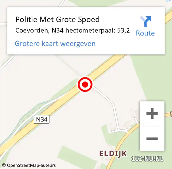 Locatie op kaart van de 112 melding: Politie Met Grote Spoed Naar Coevorden, N34 hectometerpaal: 53,2 op 25 februari 2024 14:52
