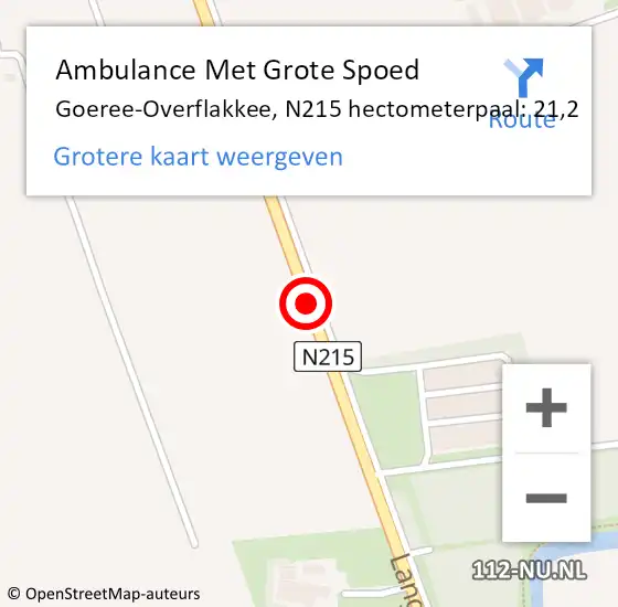 Locatie op kaart van de 112 melding: Ambulance Met Grote Spoed Naar Goeree-Overflakkee, N215 hectometerpaal: 21,2 op 25 februari 2024 14:55