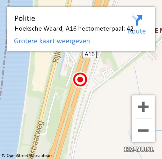Locatie op kaart van de 112 melding: Politie Hoeksche Waard, A16 hectometerpaal: 42 op 25 februari 2024 15:21