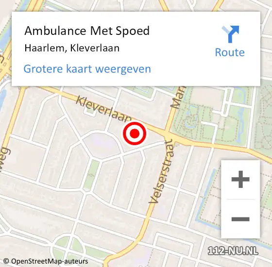 Locatie op kaart van de 112 melding: Ambulance Met Spoed Naar Haarlem, Kleverlaan op 26 februari 2024 05:54