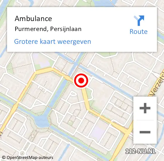 Locatie op kaart van de 112 melding: Ambulance Purmerend, Persijnlaan op 26 februari 2024 09:14