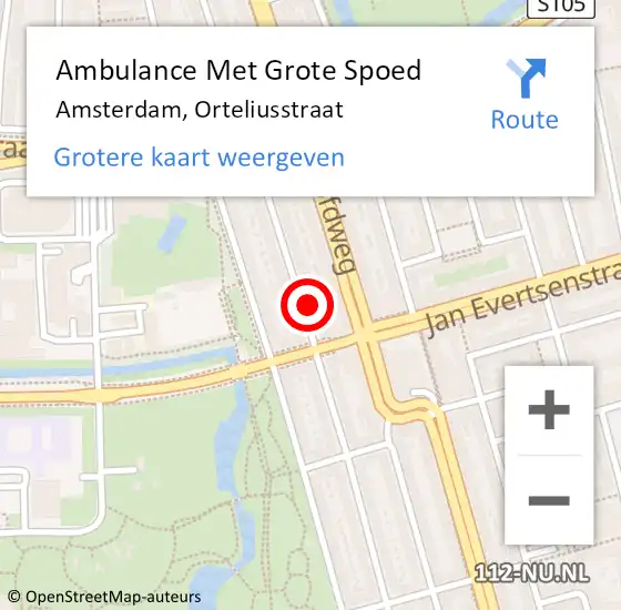 Locatie op kaart van de 112 melding: Ambulance Met Grote Spoed Naar Amsterdam, Orteliusstraat op 26 februari 2024 10:48