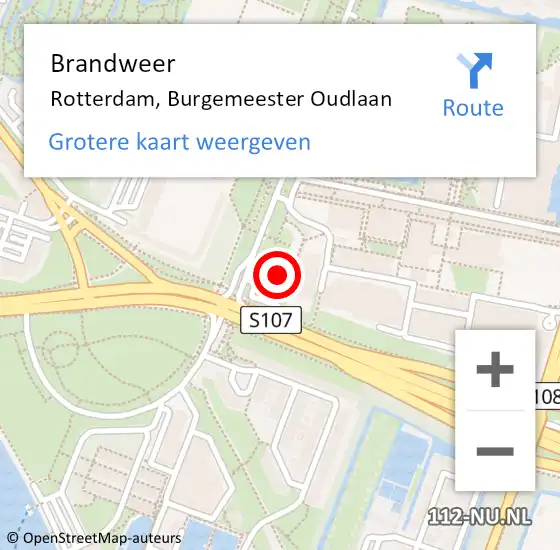 Locatie op kaart van de 112 melding: Brandweer Rotterdam, Burgemeester Oudlaan op 26 februari 2024 14:09