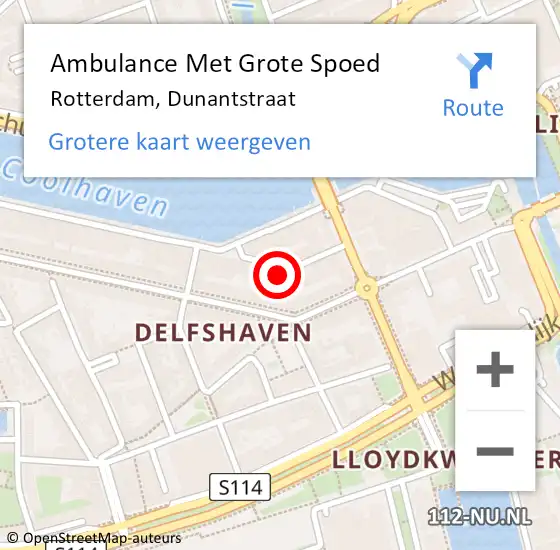 Locatie op kaart van de 112 melding: Ambulance Met Grote Spoed Naar Rotterdam, Dunantstraat op 26 februari 2024 16:29