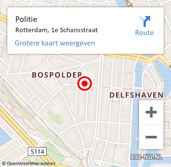 Locatie op kaart van de 112 melding: Politie Rotterdam, 1e Schansstraat op 26 februari 2024 16:31