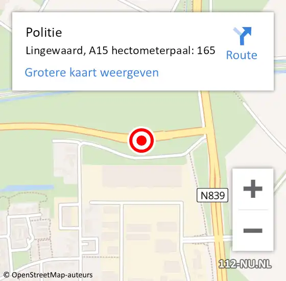 Locatie op kaart van de 112 melding: Politie Lingewaard, A15 hectometerpaal: 165 op 26 februari 2024 16:40
