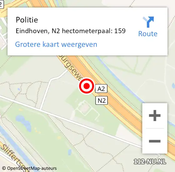 Locatie op kaart van de 112 melding: Politie Eindhoven, N2 hectometerpaal: 159 op 27 februari 2024 06:59
