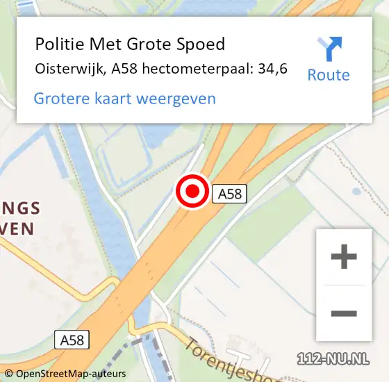 Locatie op kaart van de 112 melding: Politie Met Grote Spoed Naar Oisterwijk, A58 hectometerpaal: 34,6 op 27 februari 2024 08:01