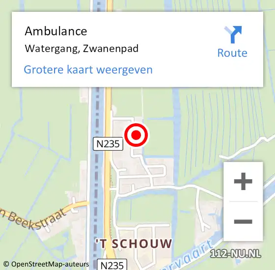 Locatie op kaart van de 112 melding: Ambulance Watergang, Zwanenpad op 27 februari 2024 09:49
