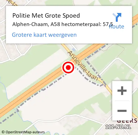 Locatie op kaart van de 112 melding: Politie Met Grote Spoed Naar Breda, A58 hectometerpaal: 57,5 op 27 februari 2024 12:40