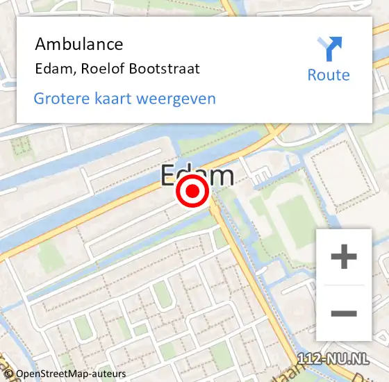 Locatie op kaart van de 112 melding: Ambulance Edam, Roelof Bootstraat op 27 februari 2024 20:41