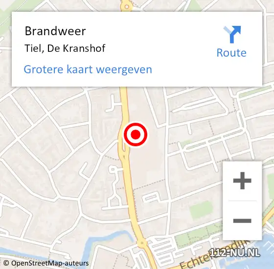 Locatie op kaart van de 112 melding: Brandweer Tiel, De Kranshof op 27 februari 2024 21:20