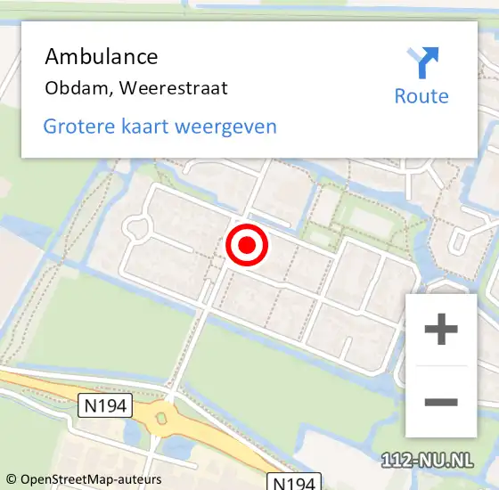 Locatie op kaart van de 112 melding: Ambulance Obdam, Weerestraat op 27 februari 2024 22:00