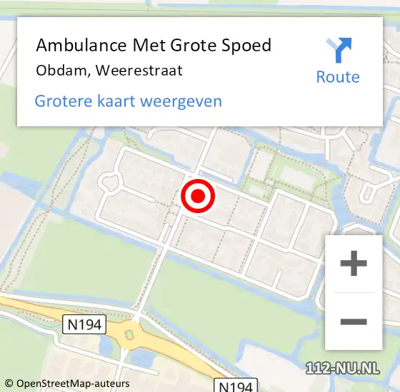 Locatie op kaart van de 112 melding: Ambulance Met Grote Spoed Naar Obdam, Weerestraat op 27 februari 2024 22:01