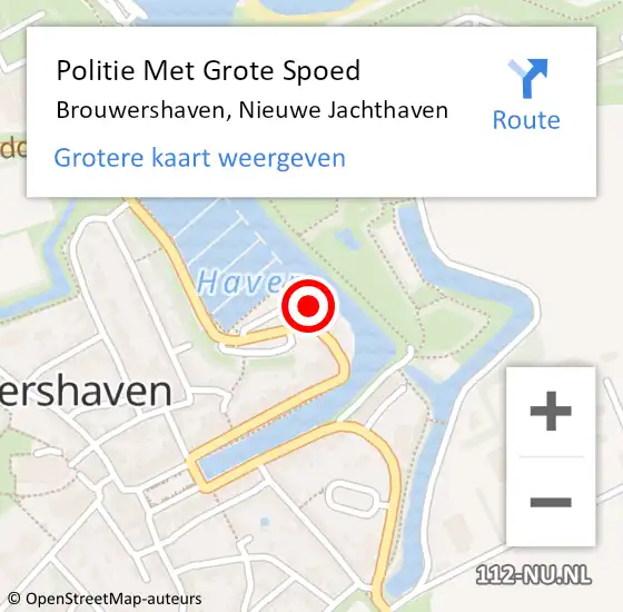 Locatie op kaart van de 112 melding: Politie Met Grote Spoed Naar Brouwershaven, Nieuwe Jachthaven op 27 februari 2024 22:04