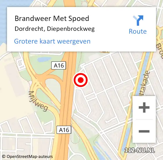 Locatie op kaart van de 112 melding: Brandweer Met Spoed Naar Dordrecht, Diepenbrockweg op 28 februari 2024 07:52