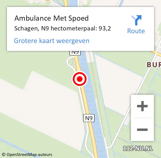 Locatie op kaart van de 112 melding: Ambulance Met Spoed Naar Schagen, N9 hectometerpaal: 93,2 op 28 februari 2024 10:14