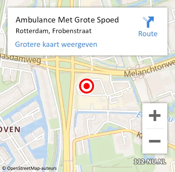 Locatie op kaart van de 112 melding: Ambulance Met Grote Spoed Naar Rotterdam, Frobenstraat op 28 februari 2024 11:58