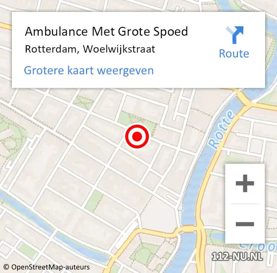 Locatie op kaart van de 112 melding: Ambulance Met Grote Spoed Naar Rotterdam, Woelwijkstraat op 28 februari 2024 23:29