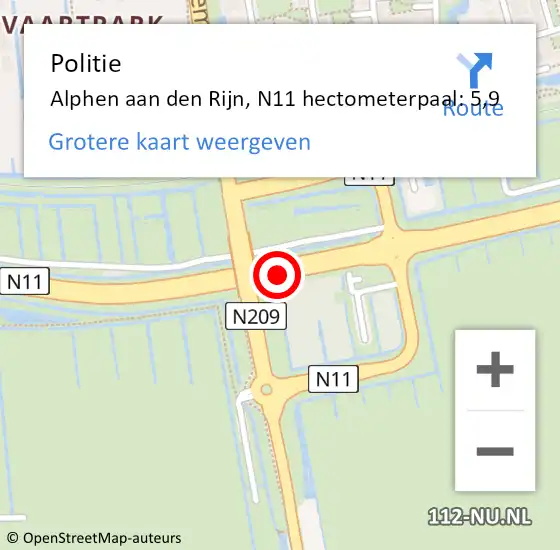 Locatie op kaart van de 112 melding: Politie Alphen aan den Rijn, N11 hectometerpaal: 5,9 op 29 februari 2024 07:21
