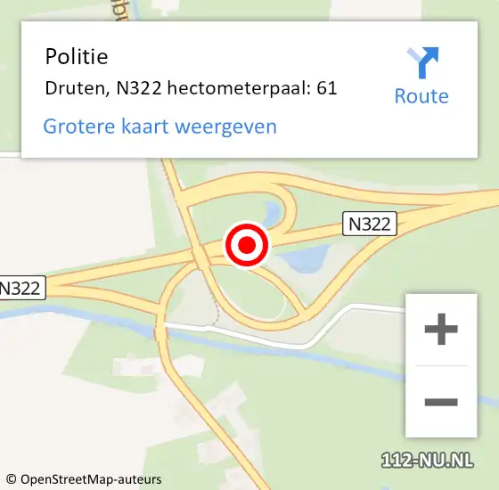 Locatie op kaart van de 112 melding: Politie Druten, N322 hectometerpaal: 61 op 29 februari 2024 07:34