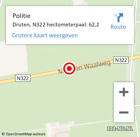 Locatie op kaart van de 112 melding: Politie Druten, N322 hectometerpaal: 62,2 op 29 februari 2024 07:34