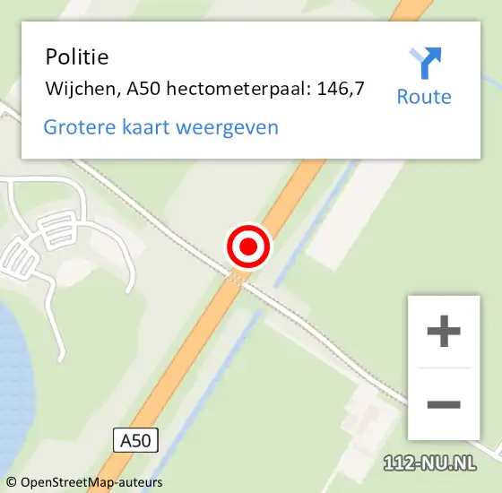 Locatie op kaart van de 112 melding: Politie Wijchen, A50 hectometerpaal: 146,7 op 29 februari 2024 08:15