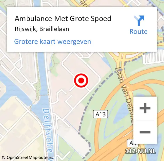 Locatie op kaart van de 112 melding: Ambulance Met Grote Spoed Naar Rijswijk, Braillelaan op 29 februari 2024 13:40