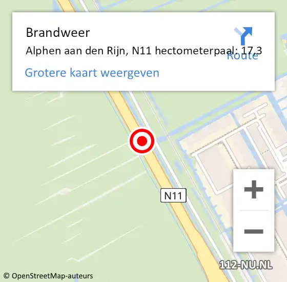 Locatie op kaart van de 112 melding: Brandweer Alphen aan den Rijn, N11 hectometerpaal: 17,3 op 29 februari 2024 14:09