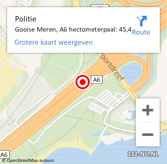 Locatie op kaart van de 112 melding: Politie Gooise Meren, A6 hectometerpaal: 45,4 op 29 februari 2024 17:51