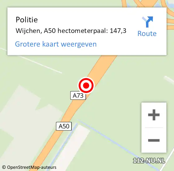 Locatie op kaart van de 112 melding: Politie Wijchen, A50 hectometerpaal: 147,3 op 29 februari 2024 18:03