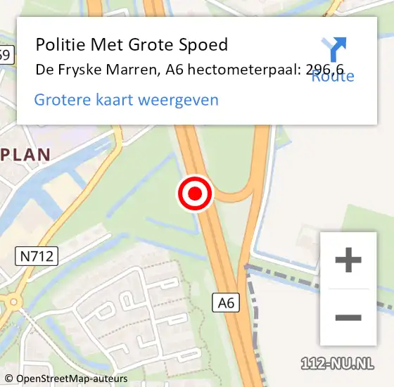 Locatie op kaart van de 112 melding: Politie Met Grote Spoed Naar De Fryske Marren, A6 hectometerpaal: 296,6 op 29 februari 2024 20:25