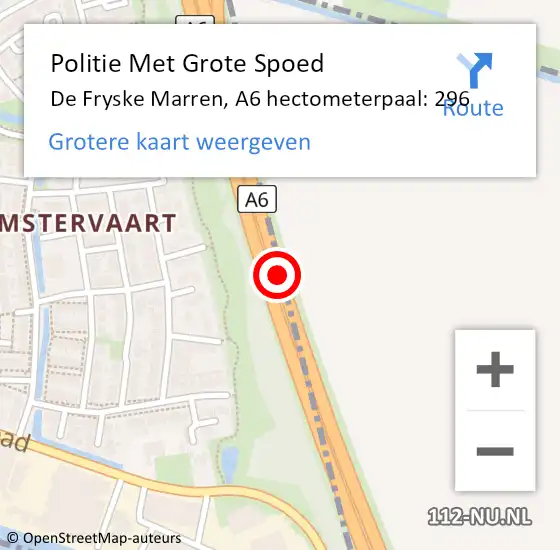 Locatie op kaart van de 112 melding: Politie Met Grote Spoed Naar De Fryske Marren, A6 hectometerpaal: 296 op 29 februari 2024 20:26
