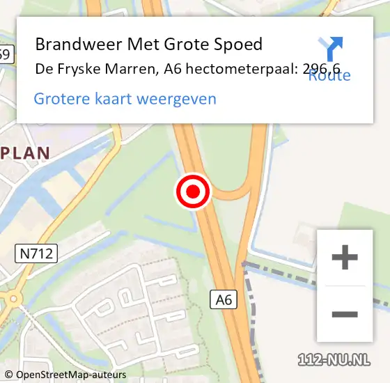 Locatie op kaart van de 112 melding: Brandweer Met Grote Spoed Naar De Fryske Marren, A6 hectometerpaal: 296,6 op 29 februari 2024 20:26