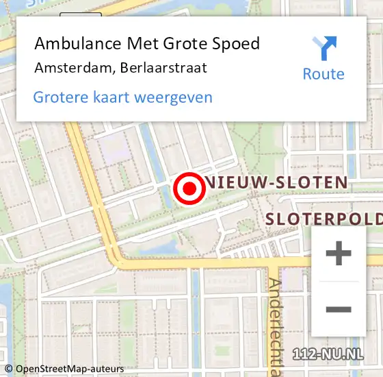 Locatie op kaart van de 112 melding: Ambulance Met Grote Spoed Naar Amsterdam, Berlaarstraat op 29 februari 2024 20:58