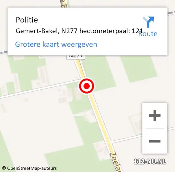 Locatie op kaart van de 112 melding: Politie Gemert-Bakel, N277 hectometerpaal: 121 op 1 maart 2024 16:36