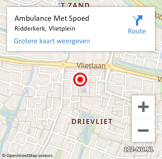Locatie op kaart van de 112 melding: Ambulance Met Spoed Naar Ridderkerk, Vlietplein op 1 maart 2024 16:59