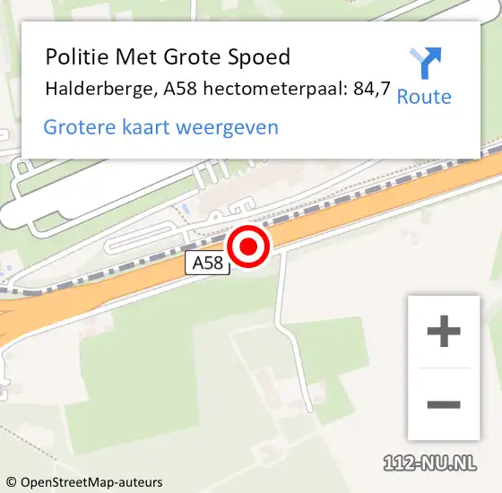 Locatie op kaart van de 112 melding: Politie Met Grote Spoed Naar Halderberge, A58 hectometerpaal: 84,7 op 1 maart 2024 17:12