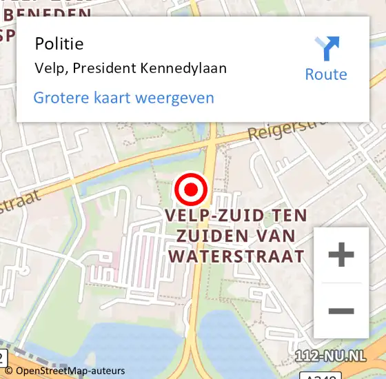 Locatie op kaart van de 112 melding: Politie Velp, President Kennedylaan op 1 maart 2024 22:58