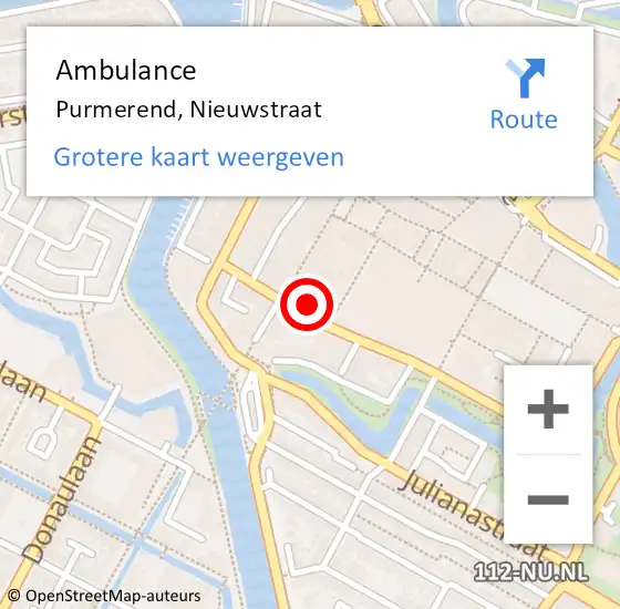 Locatie op kaart van de 112 melding: Ambulance Purmerend, Nieuwstraat op 2 maart 2024 01:02