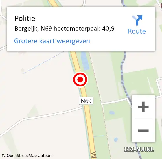 Locatie op kaart van de 112 melding: Politie Bergeijk, N69 hectometerpaal: 40,9 op 2 maart 2024 05:19