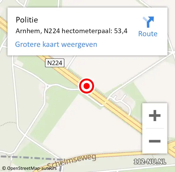 Locatie op kaart van de 112 melding: Politie Arnhem, N224 hectometerpaal: 53,4 op 2 maart 2024 06:01