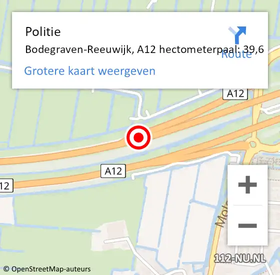 Locatie op kaart van de 112 melding: Politie Bodegraven-Reeuwijk, A12 hectometerpaal: 39,6 op 2 maart 2024 13:52