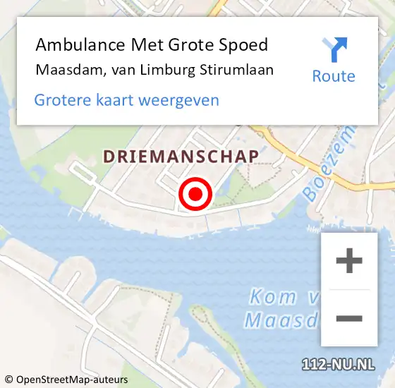 Locatie op kaart van de 112 melding: Ambulance Met Grote Spoed Naar Maasdam, van Limburg Stirumlaan op 2 maart 2024 14:10