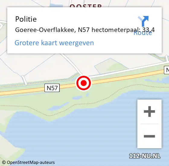 Locatie op kaart van de 112 melding: Politie Goeree-Overflakkee, N57 hectometerpaal: 33,4 op 2 maart 2024 14:21