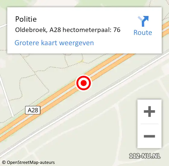 Locatie op kaart van de 112 melding: Politie Oldebroek, A28 hectometerpaal: 76 op 2 maart 2024 14:43